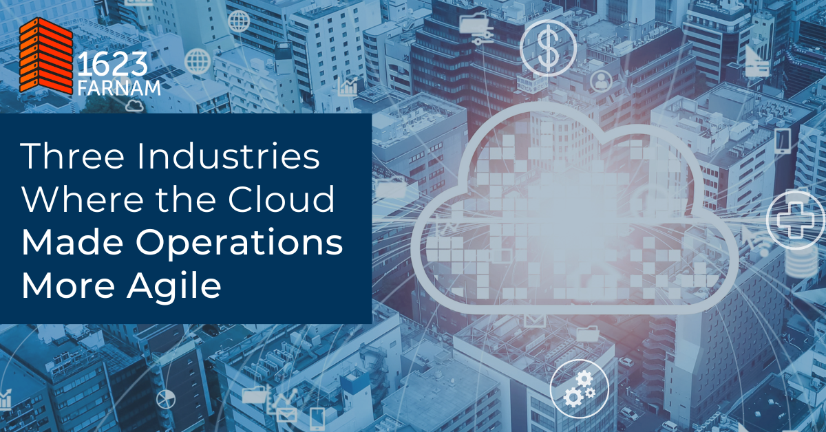 technology cloud over city with title of three industries where cloud made operations more agile